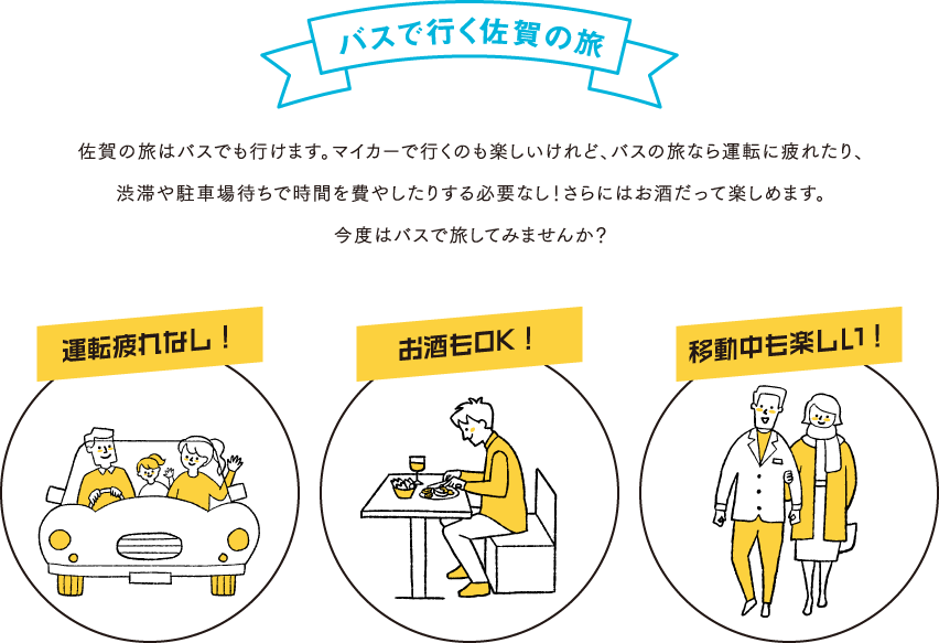 バスで行く佐賀の旅 佐賀の旅はバスでも行けます。マイカーで行くのも楽しいけれど、バスの旅なら運転に疲れたり、渋滞や駐車場待ちで時間を費やしたりする必要なし!さらにはお酒だって楽しめます。今度はバスで旅してみませんか?